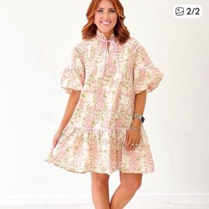 Umgee Cream Dress with Pink & Green Floral Print